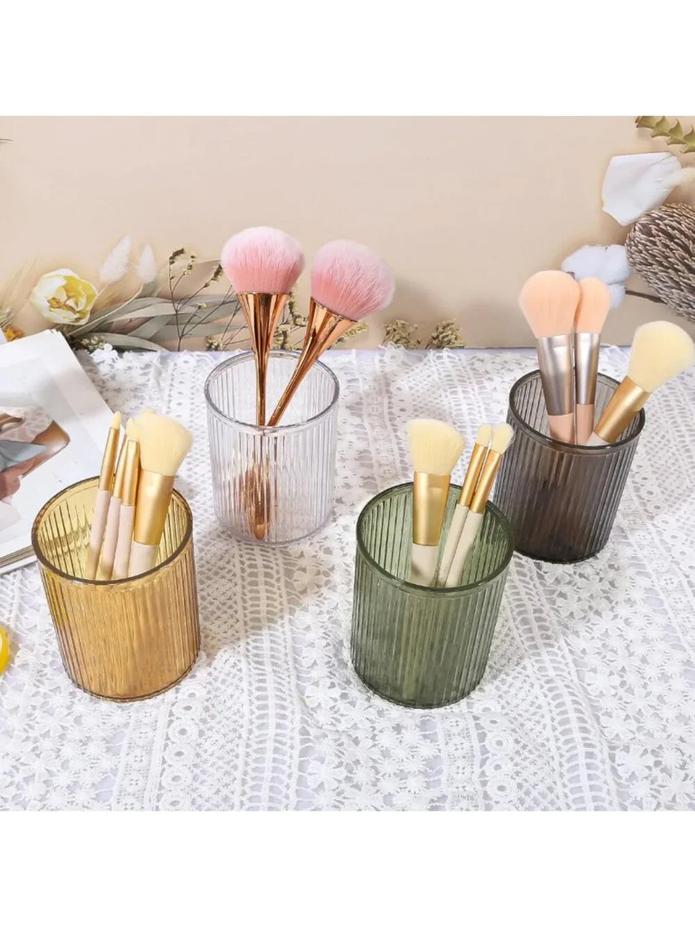 Stylish Acrylic Makeup Brush Holder & Organizer - Vintage Striped Design for
